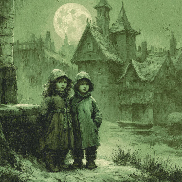 Two children with faint green-tinted skin stand together in hooded cloaks in a medieval village under moonlight. Behind them are steep-roofed stone houses and a full moon glowing in the night sky, creating an eerie, folktale-like atmosphere.
