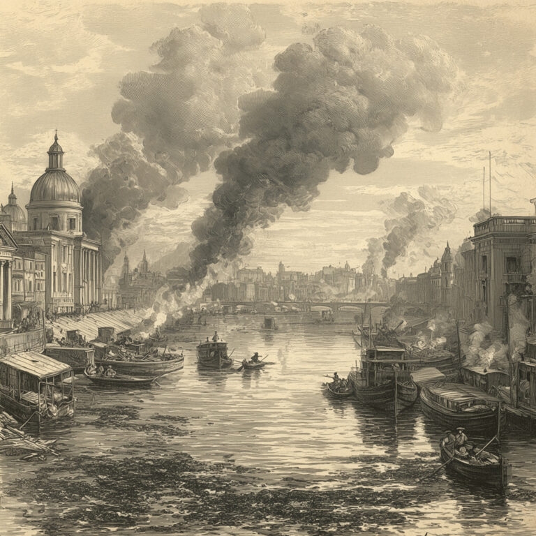 Historic illustration of the River Thames during the Great Stink of 1858 in London, showing boats on polluted water with smoke rising along the riverbanks and city buildings in the background.