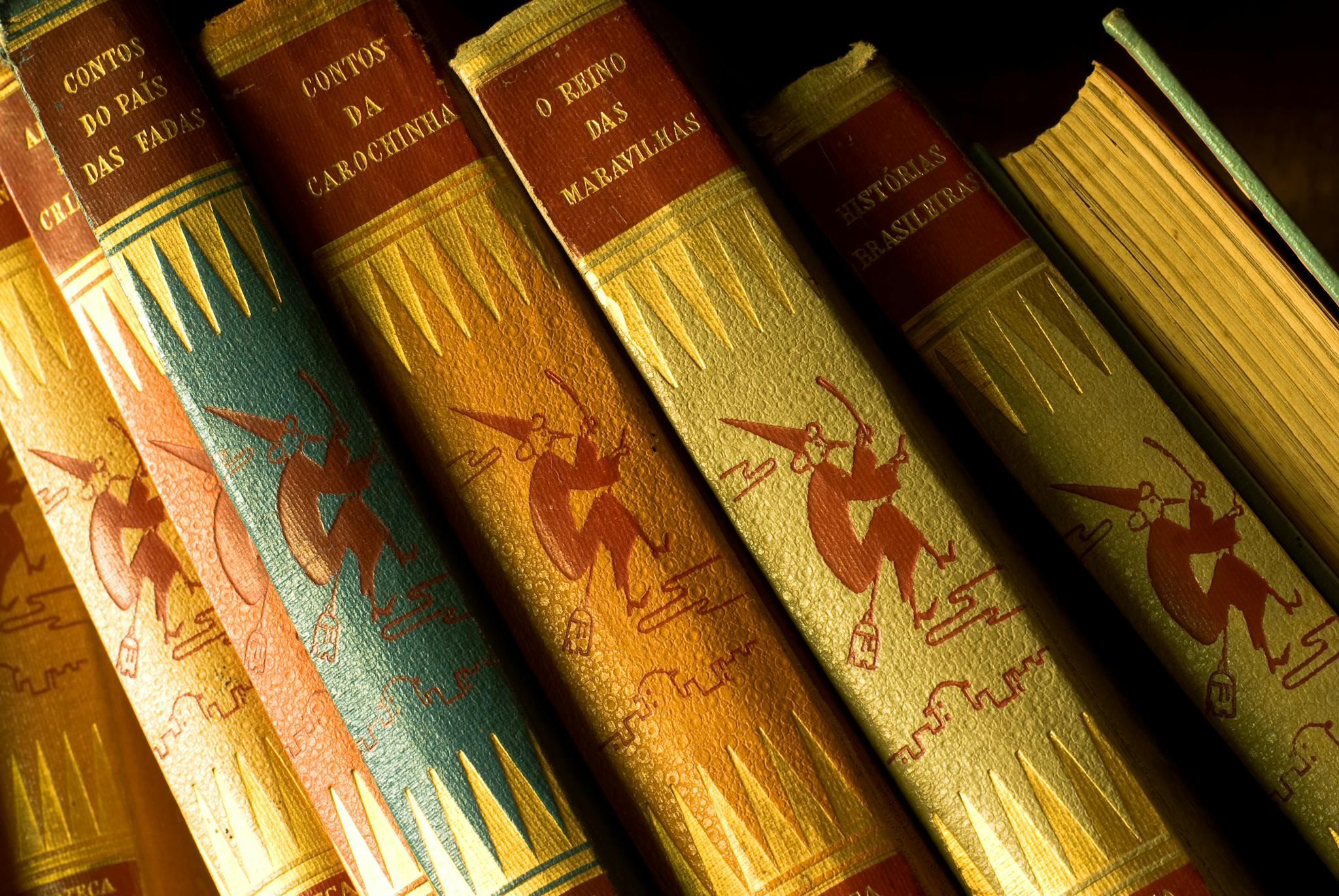 Intricate designs on vintage book spines make a beautiful literary display.